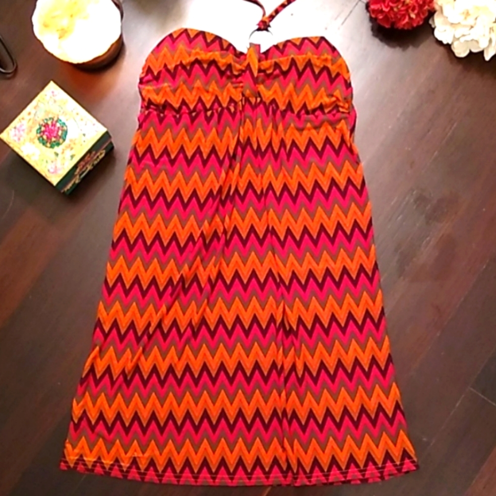 Chevron  Orange Olive & Black Halter Mini